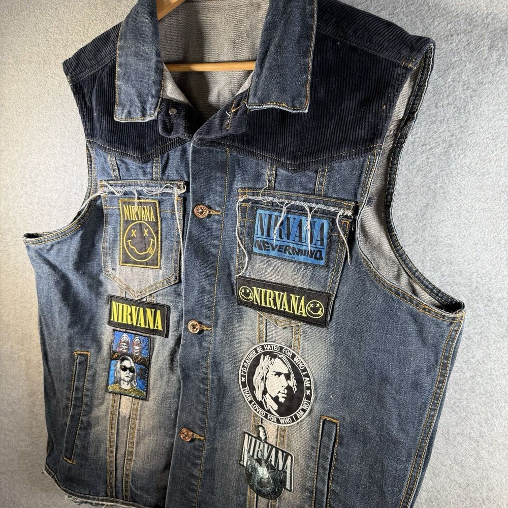 Rich Cotton Denim Nirvana Custom Corduroy Vest Patchwork Size 2XL XXL Distressed - Picture 6 of 12
